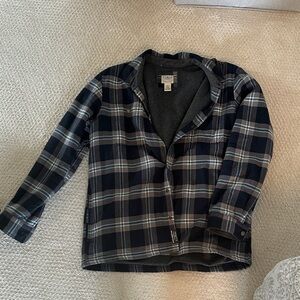L.L. Bean Navy, Gray & Cream Plaid Hooded Flannel Jacket